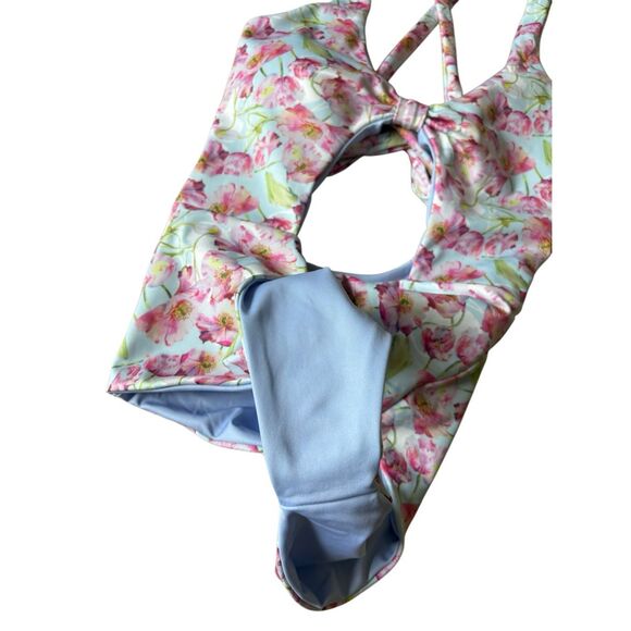 LINC One Piece Swimsuit size M Floral Cut Out Blue Pink - Picture 5 of 5